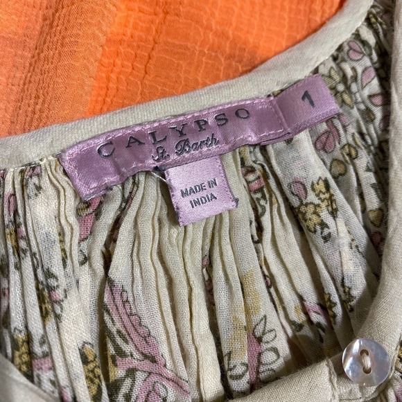 Calypso St. Barth Womens Cream Button Up Balloon Sleeve Floral Blouse Sz 1 XL - Picture 8 of 12